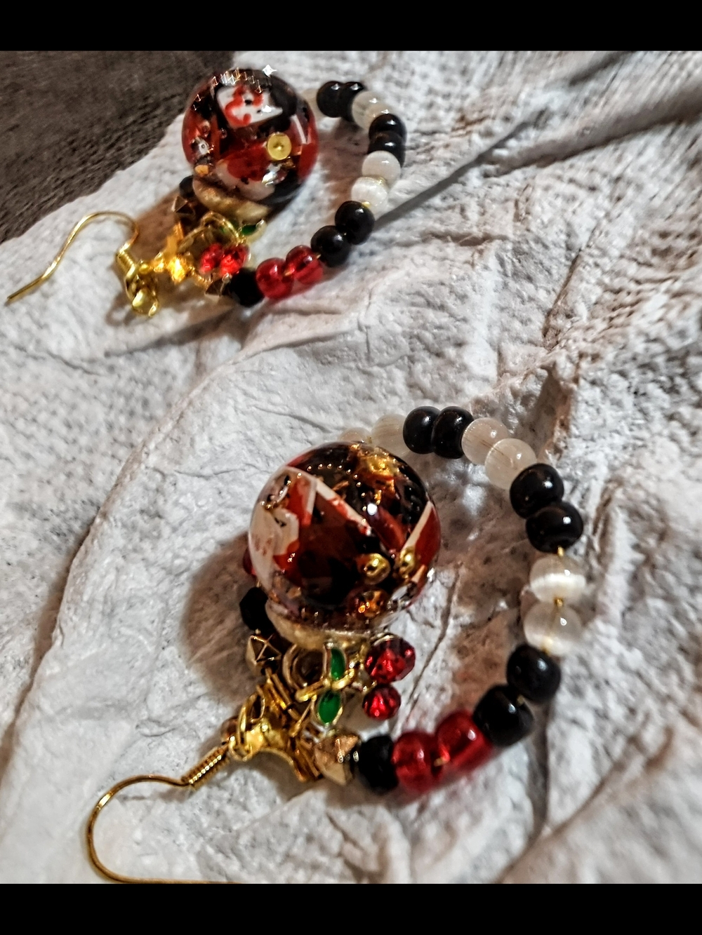 Handmade Red, Black & White Beaded Hoop Earrings - Brand Unbranded
